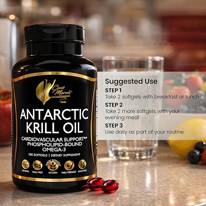 Cocó March N.M.D Pure Antarctic Krill Oil 1000mg – Omega 3 Fish Oil Supplement with EPA DHA Choline &amp Astaxanthin – Fast Absorption Immune Heart &amp Joint Support for Men &amp Women – 100 S