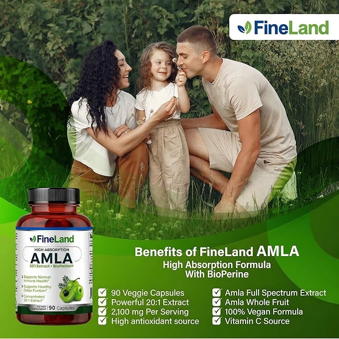FineLand Amla (Indian Gooseberry) Full Spectrum Extract with BioPerine® for Absorption Rich in Natural Vitamin C Immune &amp Digestive Support – 90 Vegan Capsules