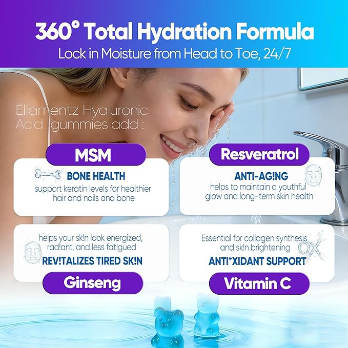 7-in-1 Sugar Free Hyaluronic Acid Supplements with MSM Resveratrol Ginseng Vitamin C Gummies for Skin Health &amp Deep Hydration 120 Counts