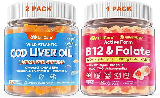 Bundle Cod Liver Oil Gummies 2 Pack&amp Adult Methyl B12 5000mcg + L-Methylfolate Gummies 1 Pack