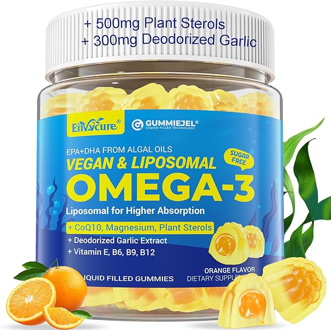 Vegan Omega-3 Gummies 1000mg +CoQ10+Magnesium- EPA 600mg &amp DHA 400mg Fish Oil Omega 3 Supplements Alternative for Women Men Adults- Liposomal Form -Algae- Plant Sterols GarlicB6B9 B12 Sugar