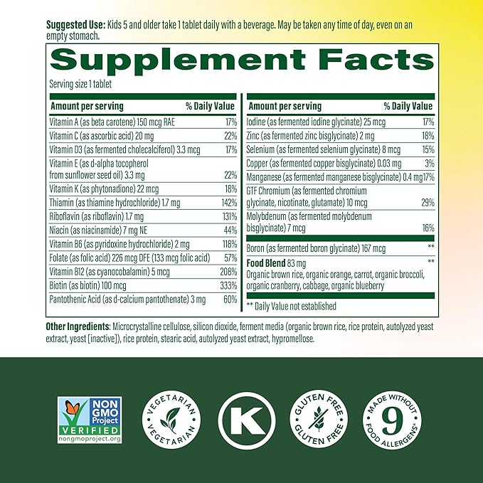 MegaFood Kids One Daily Multivitamin - Convenient Mini Multivitamin for Kids - with Zinc Vitamins C B &amp D - Vegetarian Gluten Free Non GMO - 60 Tablets 60 Servings