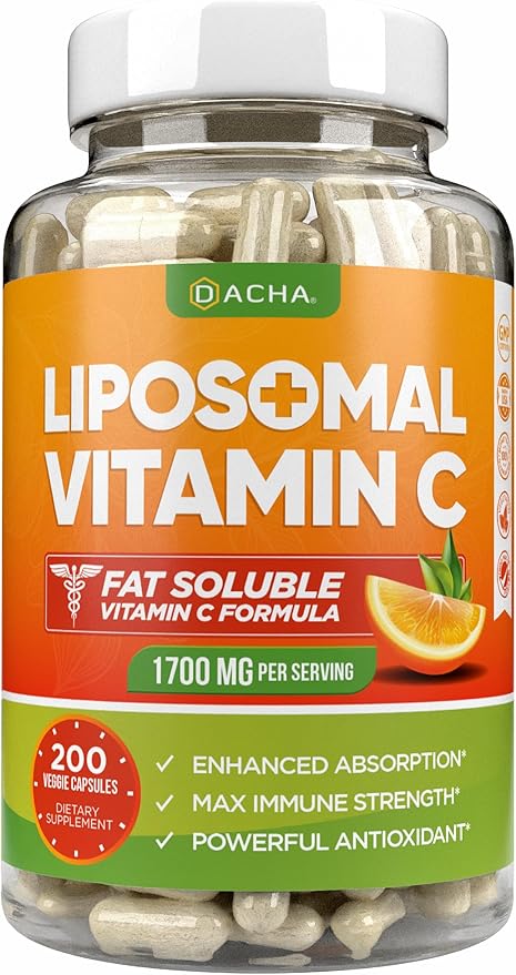 DACHA Natural Liposomal Vitamin C - 1700mg 200 Capsules Immune System &amp Collagen Booster High Absorption Fat Soluble VIT C Buffered Skin Vitamins Vegeterian Vegan