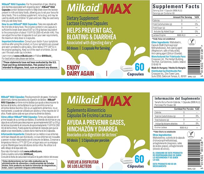 Milkaid Lactase Enzyme Drops for Lactose Intolerance &amp Max Lactase Enzyme Capsules | Fast Acting Dairy Digestive Supplement | Prevent Gas &amp Bloating | 0.50 FL.OZ. &amp 60 Capsules 9000 ALU