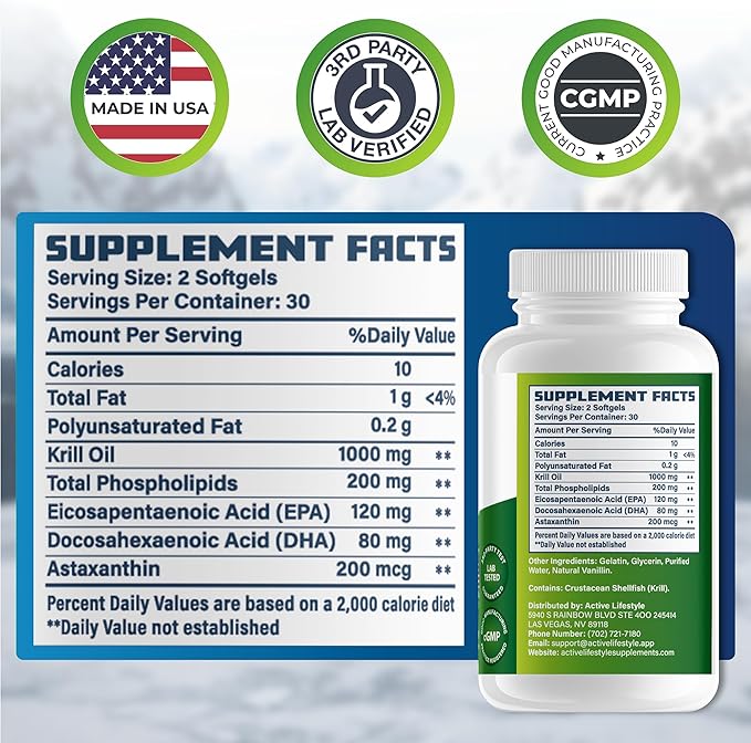 Active Lifestyle Antarctic Krill Oil Supplement High Absorption EPA DHA Astaxanthin &amp Phospholipid Red Krill GMO Free Gluten Free Soy Free Dairy Free Lab Tested Made in USA