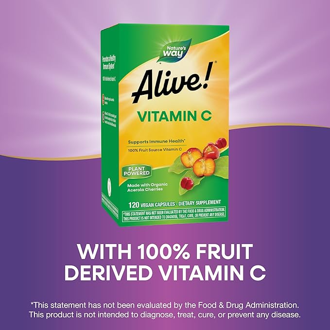 Nature's Way Alive! Vitamin C Supplement Made with Organic Acerola Cherries Immune Support* Antioxidant Support* 100% Fruit Source Vitamin C 120 Capsules (Packaging May Vary)