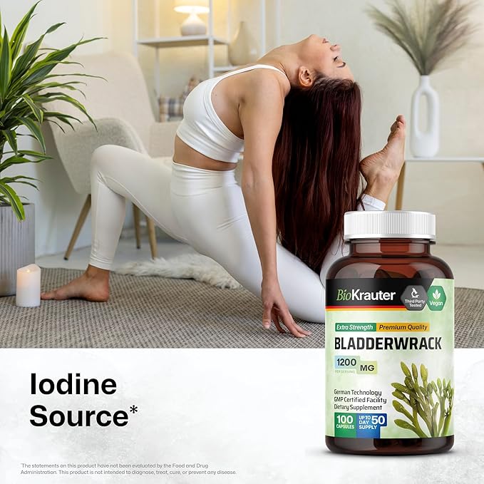 BIO KRAUTER® Bladderwrack for Thyroid Support - Vegan Iodine Supplement 1200 mg per Serving - Bladderwrack 100 Capsules 50 Days of Supply Non-GMO - Natural Seaweed Supplement