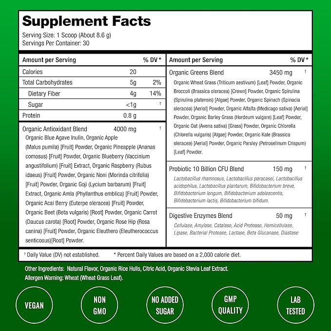 SuperGreens Powder 40+ Organic Superfoods Probiotics &amp Enzymes for Energy Digestion Gut Health &amp Bloating | Organic Fruit &amp Veggie Drink Mix Daily Green Juice Smoothie Blend Spinach