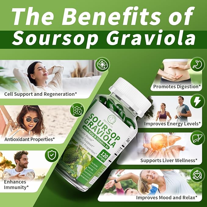 Soursop Graviola Capsules with Kelp for Cell Regeneration Enhances Immunity Digestive Support Anti-oxidant* Properties Gluten Free Vegan 120 Counts (2 Pack)
