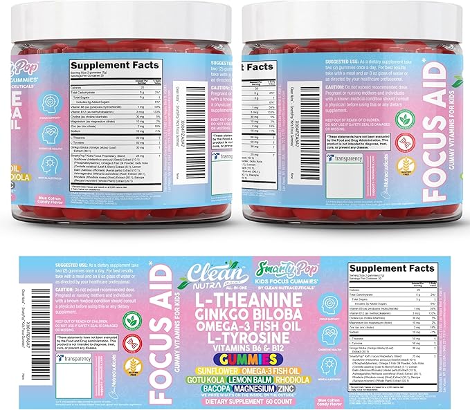 Clean Nutra Kids Focus Gummies with L-Theanine Ginkgo Biloba Omega-3 Fish Oil L-Tyrosine Vitamin B6 B12 – 60 Count Clean Label Non-GMO Vegan-Friendly SmartyPop Formula for Kids Support