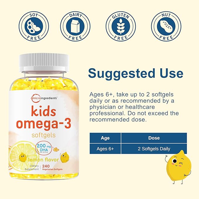 Micro Ingredients Kids Omega-3 Fish Oil 240 Veggie Softgels | Vegan Omega 3 with 200mg DHA | Lemon Flavored | Fish Oil Alternative from Algae Oil | No Fishy Smell or Aftertaste