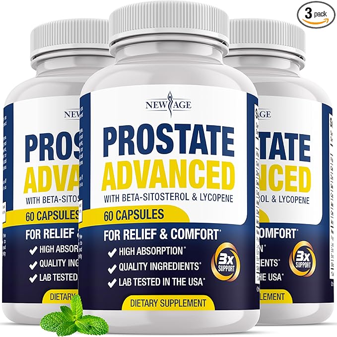 NEW AGE Prostate Advanced Prostate Supplement for Men – Reduce Bathroom Trips Promote Sleep Support Health &amp Bladder Emptying - Made with Lycopene Beta Sitosterol - 180 Count