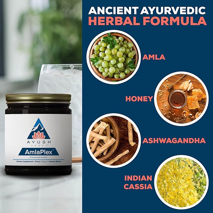 Ayush Herbs AmlaPlex - Amla Jam Chyawanprash for Immune Support &amp Digestive Health Chyavanprash Indian Honey Jam with Amla Ashwagandha - 10.6 oz Jar (1 Count)
