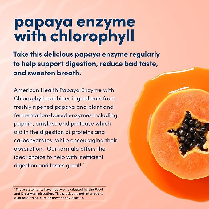 American Health Papaya Enzyme with Chlorophyll Chewable Tablets 2 Pack - Promotes Nutrient Absorption Helps Digestion and Freshens Breath - Gluten-Free Vegetarian - 600 Tablets 400 Total Servings