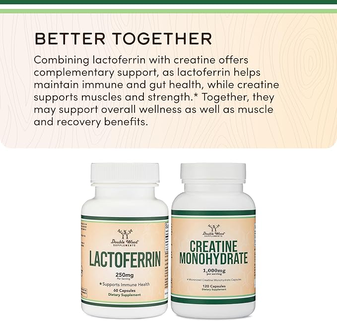 Lactoferrin 250mg per Serving (60 Capsules) Patented Bioferrin Lactoferrin - Superior Iron Supplement for Iron Deficiency and Immune Support by Double Wood Supplements