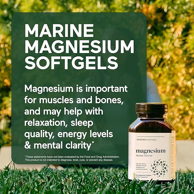 Smarter Nutrition Marine Magnesium Supplement 300mg - Naturally Sourced Clinically Tested Magnesium + Avocado Oil &amp AstraGin for High Absorption - Non-GMO (90 Count (Pack of 3))