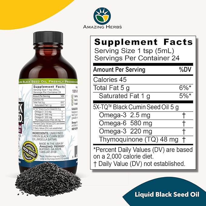 Amazing Herbs Premium Black Seed Oil - Gluten Free Non GMO Cold Pressed Nigella Sativa Aids in Digestive Health Immune Support Brain Function - 4 Fl Oz