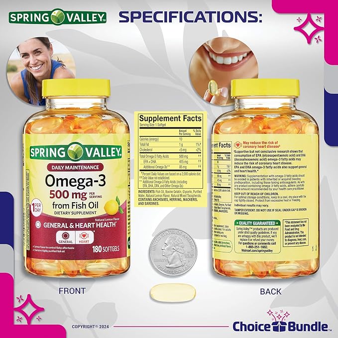 Choice Bundle Spring Valley Fish Oil Omega 3 Fatty Acid Supplement Lemon Softgels 500 mg 180 Ct 4 pk (720 Total) + Vitamin Guide and Pill Container (6 Items)!
