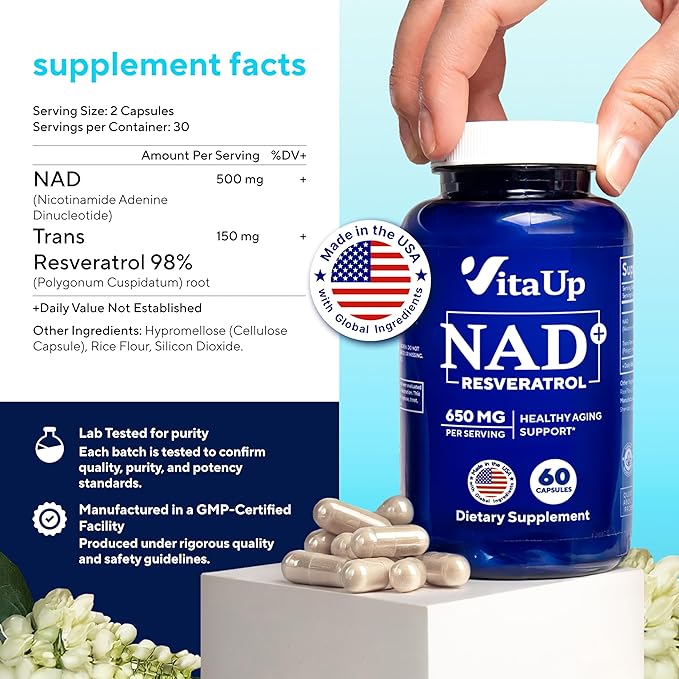 NAD+ Resveratrol Supplement - USA Made Trans Resveratrol NAD Supplement 650mg - Nicotinamide Adenine Dinucleotide Capsules for Healthy Aging Energy &amp Focus Support - 60 Count