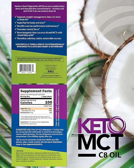 LifeSense C8 MCT Oil Keto-Friendly Sourced from Coconut Oil Clinically Proven to Increase Ketone Production Optimal Fuel for the Brain and Body Made in USA by PhD Nutrition 32 oz