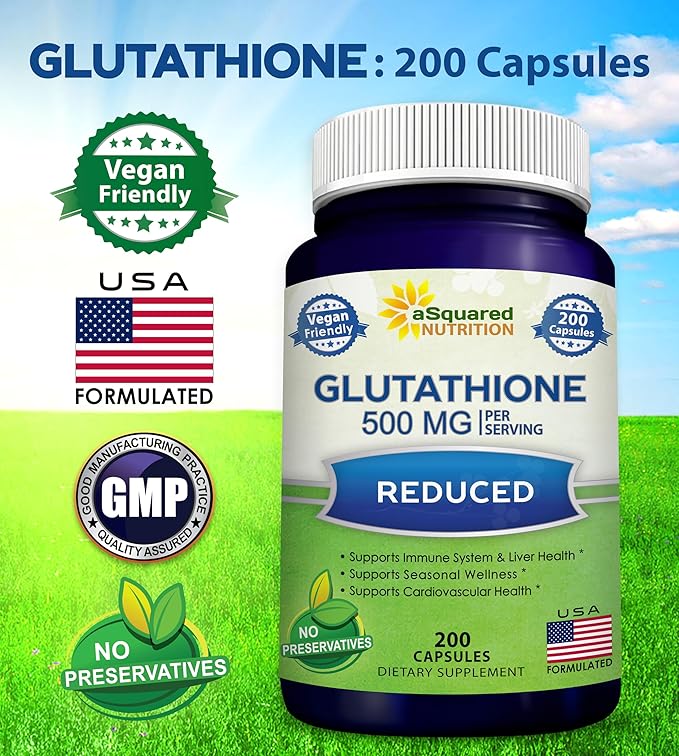 aSquared Nutrition Reduced Glutathione 500mg Per Serving Supplement -200 Capsules -L-Glutathione Antioxidant to Support Liver Health &amp Detox - Max Strength Powder Pills to Help Immune &amp Brain