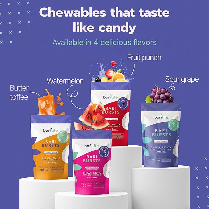 Calcium Citrate Bariatric Calcium Chews with 1000 IU Vitamin D3 - Ideal for Bariatric Patients - BariBurst by Bari Life (Sour Grape)