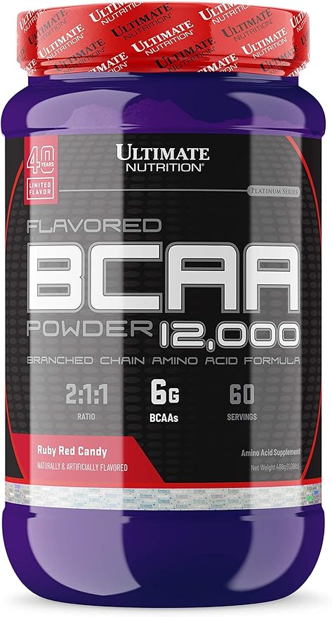 Ultimate Nutrition Flavored BCAA Powder - Caffeine Free with 3g Leucine 1.5g Valine 1.5g Isoleucine - Post Workout Amino Acid Supplement Ruby Red Candy 60 Servings