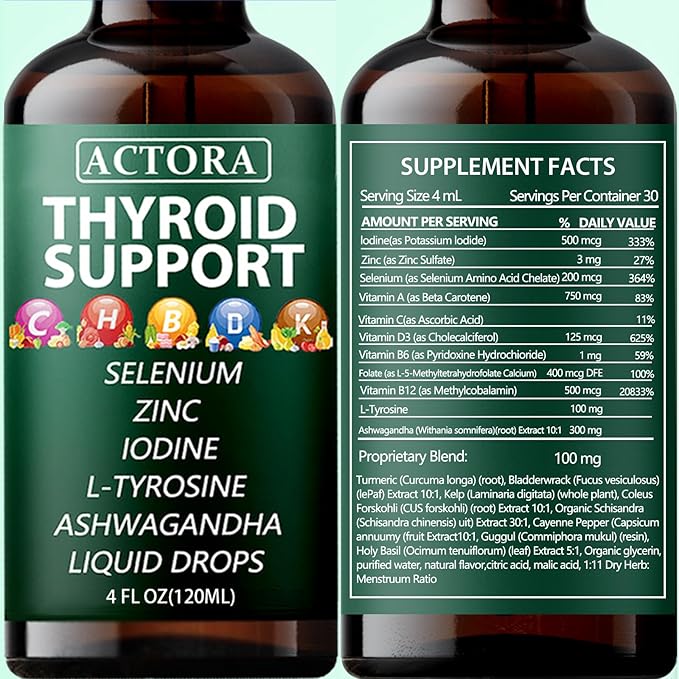 savari Actora Thyroid Support Liquid Drops - with Selenium Zinc Iodine L-Tyrosine Ashwagandha Multivitamin - for Hormonal Balance Gut Health Mood Sleep Support - 4 fl. oz (120mL) - 1 Piece