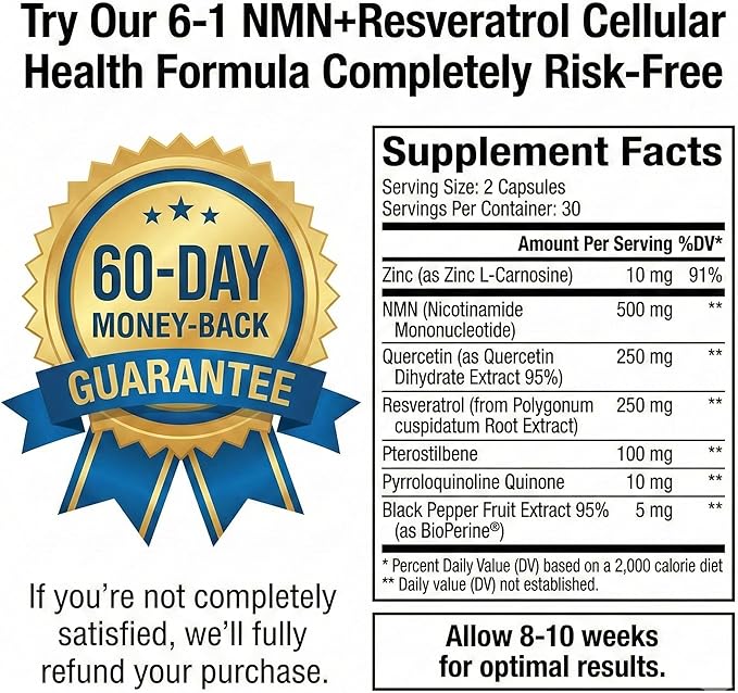 CogniTune NMN Supplement - NMN with Resveratrol Pterostilbene Quercetin Zinc &amp PQQ for NAD+ Cellular Energy - Longevity Support for Healthy Aging &amp Brain Function 1115mg