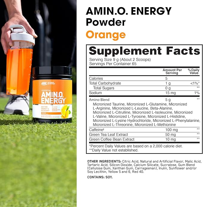 Optimum Nutrition Amino Energy - Pre Workout with Green Tea BCAA Amino Acids Keto Friendly Green Coffee Extract Energy Powder - Orange Cooler 65 Servings (Packaging May Vary) (Pack of 6)