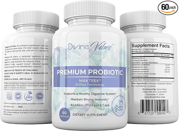 Divine Vibes Probiotics 40 Billion CFU - Approved Probiotics for Women Probiotics for Men and Adults Natural Shelf Stable Probiotic Supplement with Prebiotic Acidophilus Probiotic 60 Capsules
