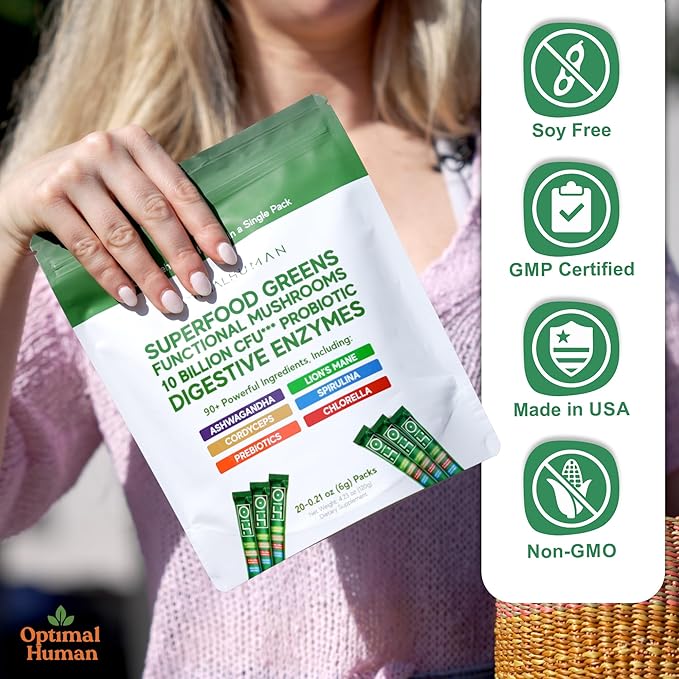 Optimal Human Superfood Greens Powder – 90+ Ingredient Blend with Lion’s Mane Supplement Ashwagandha &amp Turmeric – Non-GMO Soy-Free Mushroom Supplements for Women – 20 Sachets