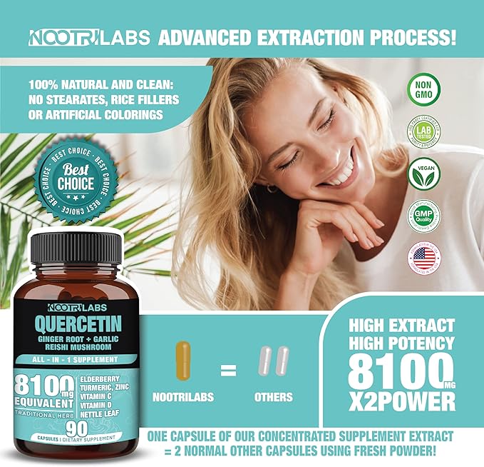 All-in-1 8100mg Highest Potency Quercetin Elderberry Turmeric Reishi Mushroom Vitamin C D Ginger Root Zinc Nettle Leaf - Immune Antioxidant &amp Overall Health Support - 90 Vegan Capsules
