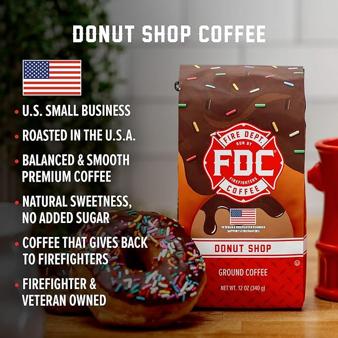 Fire Department Coffee - Gives Back to Firefighters - Donut Shop Coffee Beans - Sweet &amp Smooth - Medium Roast - Roasted in the USA - Veteran Owned (12 oz Pack of 2)