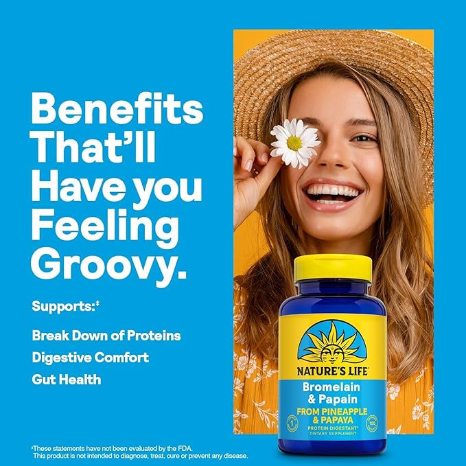 Nature's Life Bromelain &amp Papain from Pineapple and Papaya - Digestive Enzymes for Women and Men - Protein Digestion Digestive Health Gut Health Support - Vegan 60-Day Guarantee - 100 Servings