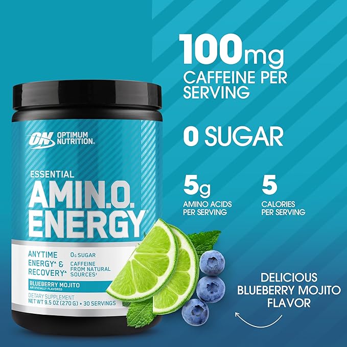 Optimum Nutrition Amino Energy - Pre Workout with Green Tea BCAA Amino Acids Keto Friendly Green Coffee Extract Energy Powder - Blueberry Mojito 30 Servings (Packaging May Vary)