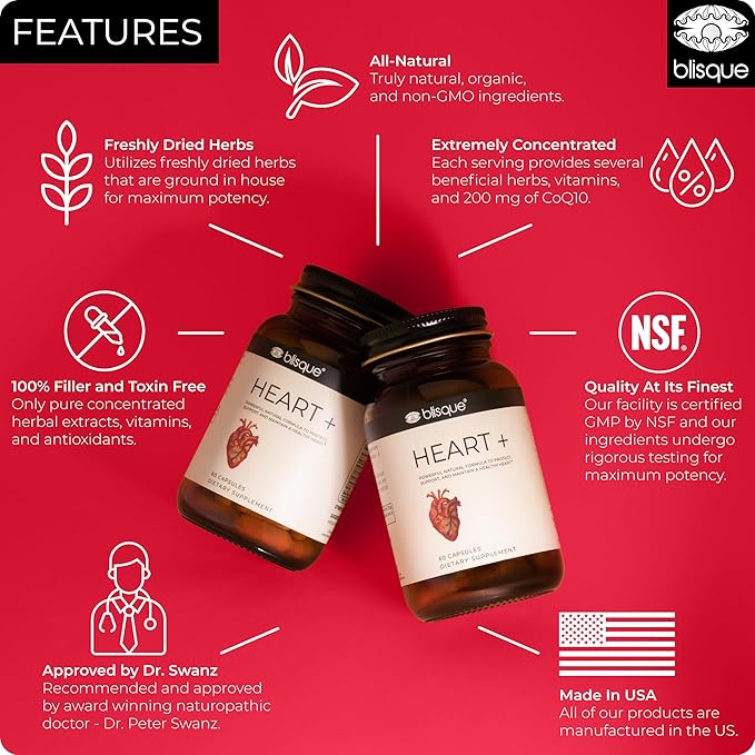 Blisque – Natural Blood Pressure Support Supplement for Heart Health and Circulation | Doctor-Approved | with 200 mg CoQ10 Hawthorn Berry Beet Root Turmeric | 90 Capsules
