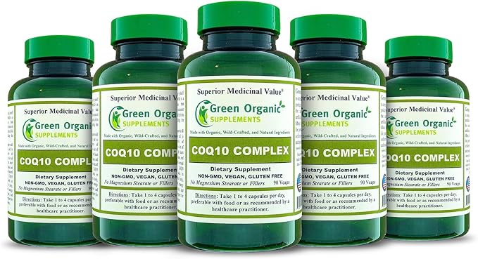Green Organic Supplements Coq 10 Complex Ubiquinone 90 VCaps High Absorbable Non-GMO Gluten-Free (Pack of 5)