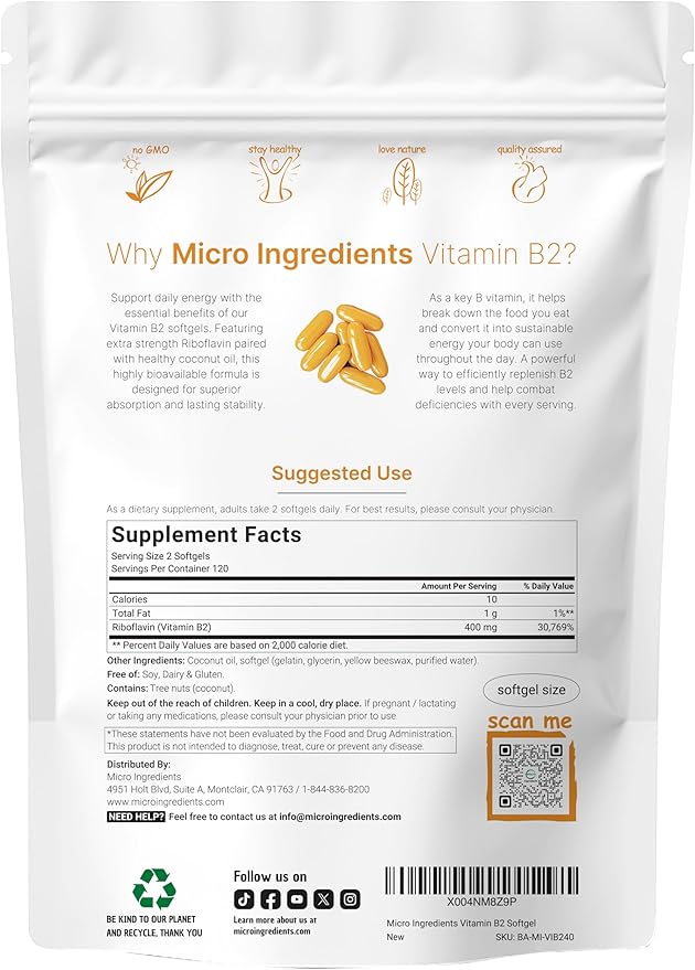 Vitamin B2 Riboflavin 400mg | 240 Softgels with Coconut Oil | Highly Bioavailable | Extra Strength Vitamin B Energy Supplements | Essential B Vitamins for Women &amp Men | Non-GMO Gluten Free