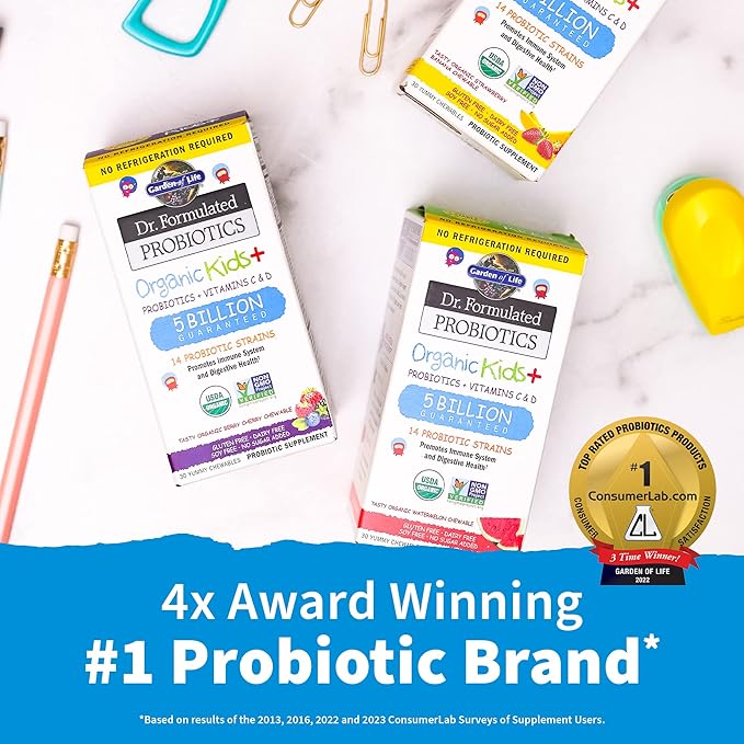 Garden of Life Dr Formulated Once Daily 3-in-1 Complete Prebiotics Postbiotics &amp Probiotics &amp Dr. Formulated Probiotics Organic Kids+ Plus Vitamin C &amp D - Berry Cherry