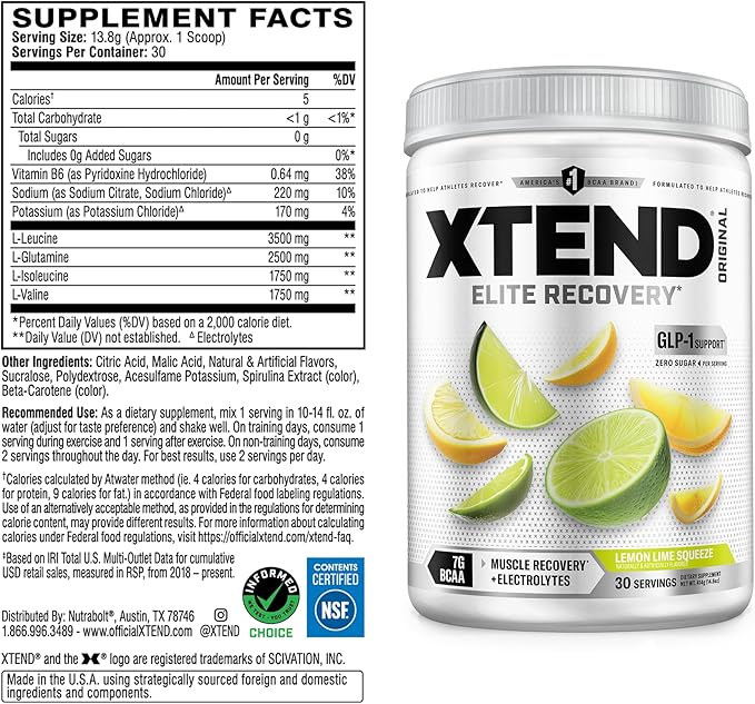 Xtend Original BCAA Powder 7g BCAAs and 2.5g L-Glutamine for Muscle Recovery Hydration and Lean Muscle Sugar Free Intra and Post Workout Drink with Electrolytes Lemon Lime Squeeze 30 Servings