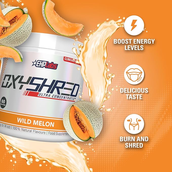 EHP Labs OxyShred Pre Workout Powder &amp Shredding Supplement - Preworkout Powder with L Glutamine &amp Acetyl L Carnitine Energy Boost Drink - Wild Melon 60 Servings