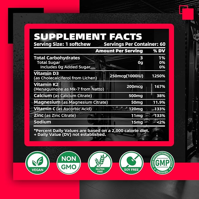 Nutravita Sugar-Free Vitamin D3 K2 Chews with Calcium + K2 (MK-7) Magnesium Citrate Vitamin C Extra Strength - Ultimate Absorption for Bone Muscle Teeth ImmuneVegan - 60 Count-Strawberry Flavor.
