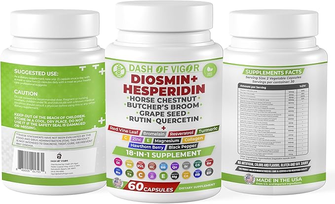 Dash of Vigor 18-in-1 Diosmin Hesperidin Supplement Quercetin with Bromelain Zinc Vitamin C with Rutin Supplement Horse Chestnut Extract Butcher's Broom Extract USA 60 Capsules