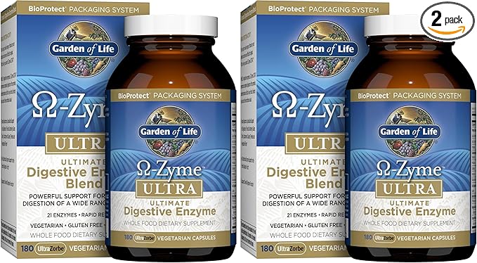 Garden of Life 21 Powerful Digestive Enzymes- Papain BromelainLipaseGingerTurmeric for-Complete Digestion of ProteinCarbs &amp Fats-Omega-Zyme Ultra Gluten-FreeVegetarian180 Capsules(Pack of