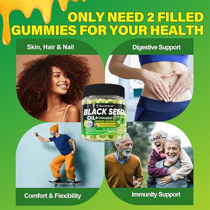 Black Seed Oil Gummies &amp Chlorophyll Biotin 500mcg with Hydrolyzed Collagen Raw Manuka Honey Organic Cold Pressed - Ultimate Absorption for Skin Hair &amp Nails Digestive Overall Health2 P