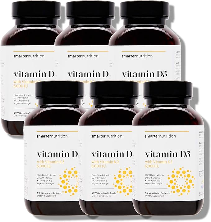 SMARTERNUTRITION Vegan Vitamin D3 5000 IU + Natural Vitamin K2 1100 mcg in Organic Coconut &amp Olive Oil - D3 K2 Supplement for Immune &amp Bone Support - 360 Softgels[180 Day Supply]