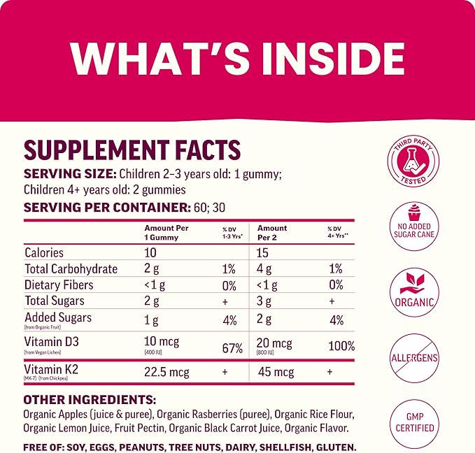 Llama Naturals Kids Vitamin D3 K2 Gummies Vegan Organic Children Toddler Vitamin D Gummies Real Fruit Gummy Vitamins No Added Sugar Cane Raspberry 60 Ct