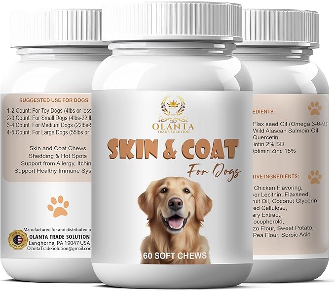 Healthy Skin &amp Coat Support for Dogs – Salmon Oil Flaxseed Oil Omega 3-6-9 &amp Zinc Soft Chews for All Breeds – 1 Bottle 60 Soft Chews