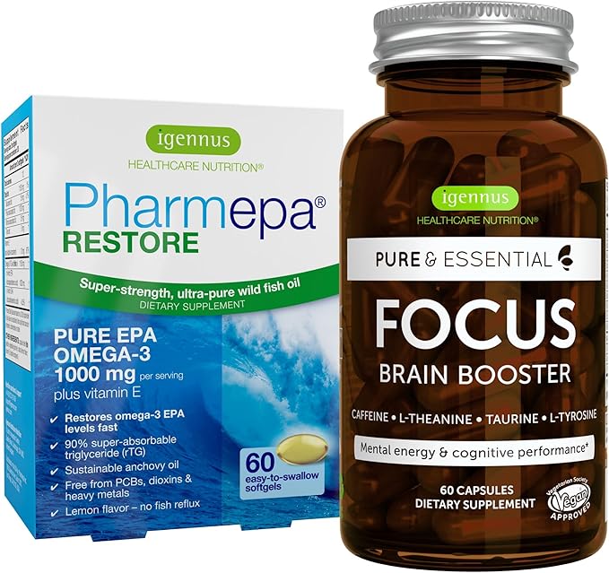 Igennus Pharmepa Restore + Focus Nootropic Attention &amp Focus Bundle 1000mg Pure EPA Fish Oil + 200mg Natural Caffeine Methylated B-Vitamins L-Theanine Taurine &amp L-Tyrosine